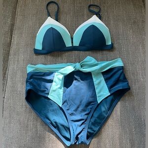 Dip | Blue and White Color Block High Waisted Matching Bikini Set